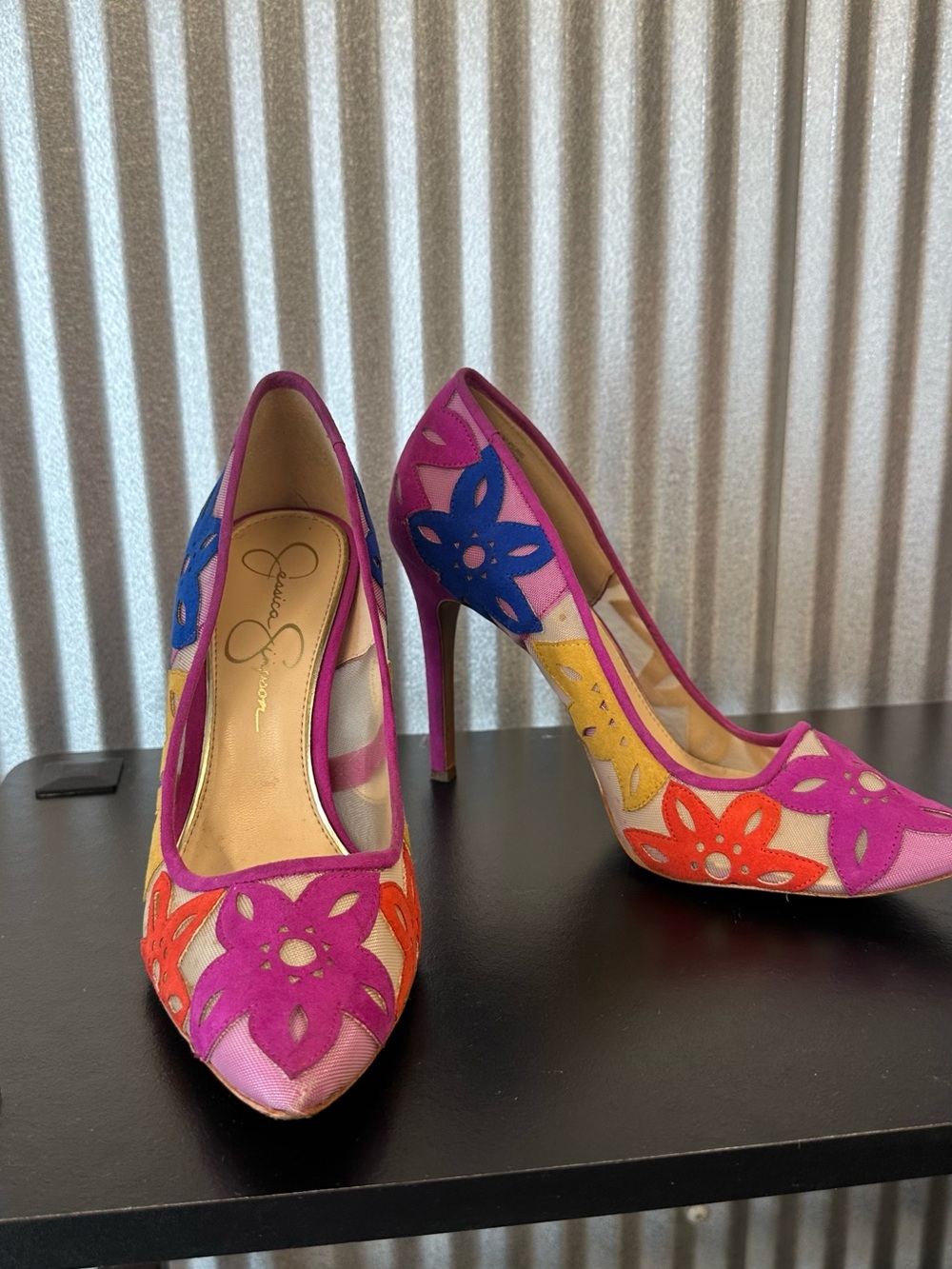 Jessica Simpson Pink Multi Floral Cutout Stiletto Pumps